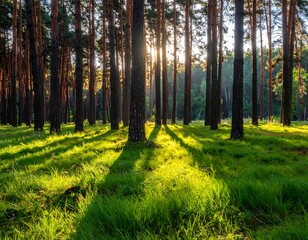 Sun streams through a pine forest, casting long shadows across vibrant green grass