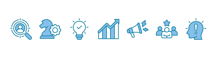 Brand banner web icon vector illustration concept with icons of target market, strategy, innovation, marketing, advertising, customers, and awareness