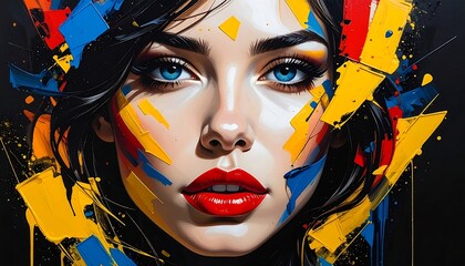 Woman's face with vibrant paint splashes. Bright eyes and lips against a dark backdrop