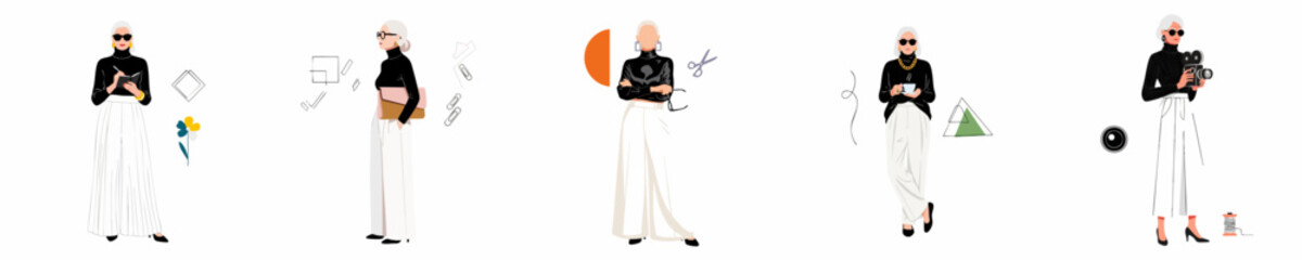 Fototapeta premium Stylish senior woman in five poses showcasing professional creativity, fashion, and business roles, illustrated in a modern vector style.
