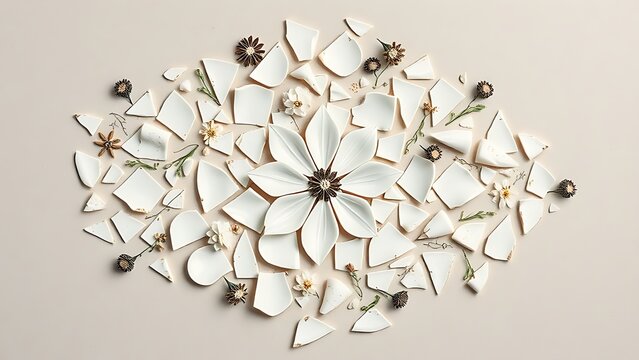 guyot. Broken porcelain fragments reassembled into an elegant floral mosaic on a neutral surface, top-down view. menu design.