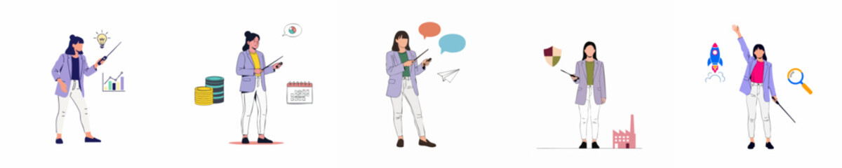 Fototapeta premium Professional woman vector illustrations depicting business concepts like ideas, financial planning, communication, security, and startup success.