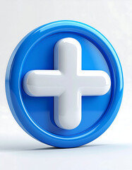 Obraz premium Blue circle icon with a rounded white plus sign in the center, isolated, glossy