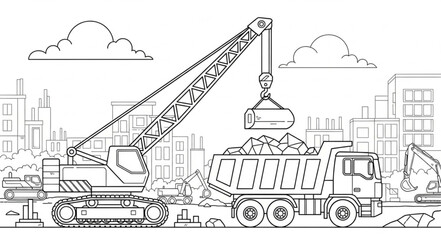 Crane Truck Loading Debris Construction Site.