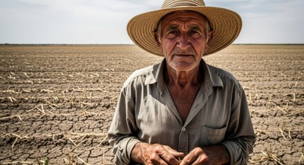 Fototapeta premium Portrait of an elderly farmer in a straw hat standing in a dry, cracked field under a bright sky