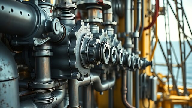 wellhead. Close-up of an industrial wellhead assembly with intricate steel pipes. safety posters, maintenance manuals, designed for precision metalworking and fabrication facilities.