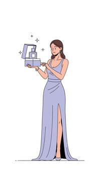 Elegant Woman Unveiling Luxurious Perfume Gift Set With Sparkles