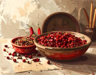 Spices in bowls red peppers, peppercorns. Painted style with muted, earthy tones