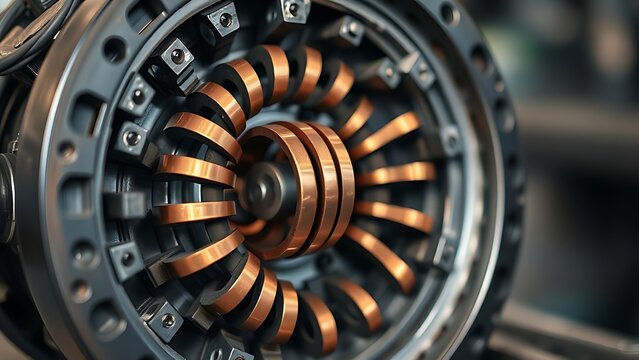 commutator. A disassembled electric motor revealing its internal copper commutator segments. product launch decks, UI/UX mockups, designed for product launches and innovation pitches.