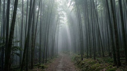 Fototapeta premium Pathway through a misty bamboo forest, where light pierces through the canopy. The towering bamboo creates a serene and immersive experience