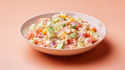 Olivier salad photographed against pastel peach background, modern warmth