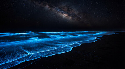 Night beach scene with glowing bioluminescent blue waves under starry sky and Milky Way. Magical and surreal natural phenomenon creating captivating and ethereal atmosphere