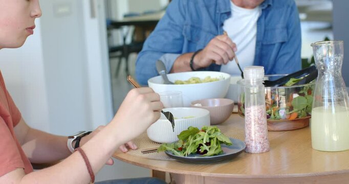 After serving bowl placed, father and teen son serving salad at home dining table to eat