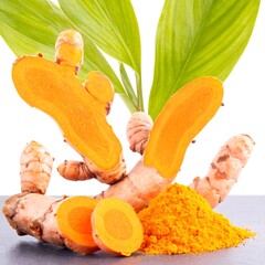 Vibrant turmeric root segments, powder, and green leaves isolated on white