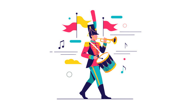 Energetic Marching Band Musician Playing Trumpet and Drum Solo