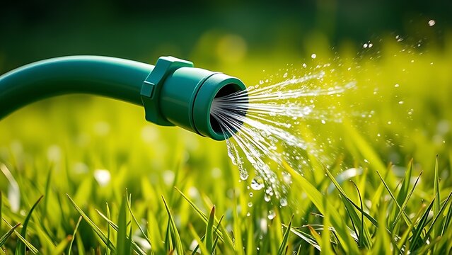 constriction. Green garden hose kinked, spraying water on sunlit grass. event key visuals, club posters, designed for sports event promotions and stadium branding and fitness apps and gym onboarding.