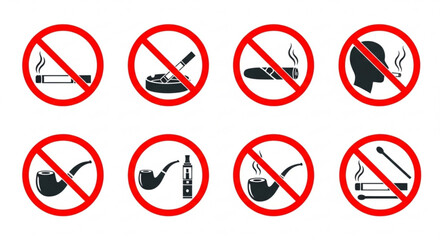 No smoking symbols prohibition signs vector icons set