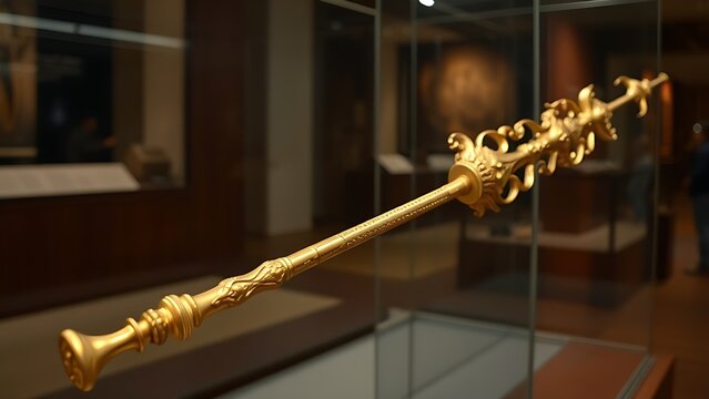 glaive. A ceremonial gilded glaive with carved shaft displayed in a museum. event programs, museum guides, designed for cultural heritage projects and event programs, preserves heritage.