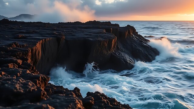 meson. Lava meeting ocean, forming black volcanic rock with rising steam at sunset. inspiring travel planning, travel magazines, designed for travel destination branding, used by nutritionists.