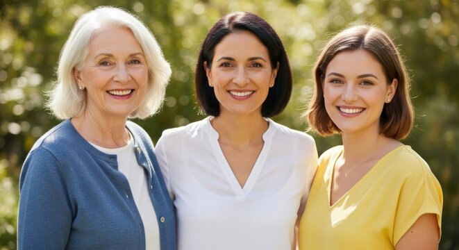Three women of different ages and ethnicities stand outdoors, smiling and posing for a photo.