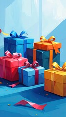 Gift boxes stacked, ribbon trails. Blue hues and bright colors, celebratory mood