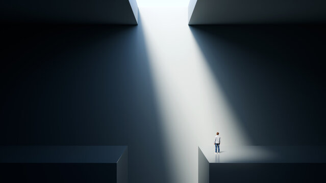 Man standing on a ledge in a dark void looking up into a bright beam of light representing a moment of clarity and strategic insight, 3d render