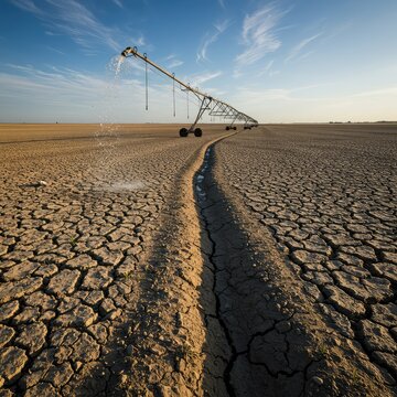 Extensive irrigation system struggling to bring adequate water to severely arid farmland during a prolonged dry season, emphasizing cracked earth ,tubing ,water ,drought