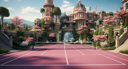 Obraz premium A serene tennis court surrounded by lush greenery and vibrant pink flowers in a majestic castle setting with clear blue skies