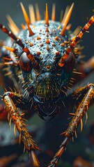 Spiky insect with intricate patterns, facing forward in extreme macro