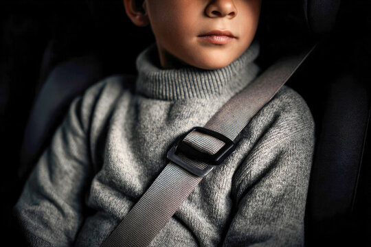 Young boy wearing a gray turtleneck sweater is seated in a car with a seatbelt fastened, showing a close-up view of his face and upper body in a dimly lit interior