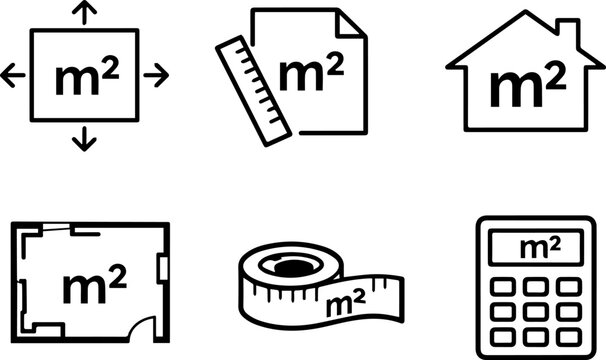 Line icons representing square meter measurement and property area calculation. Vector
