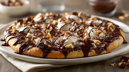 Chocolate pizza hero shot centered on plate, balanced lighting, neutral background, high-end stock photography look
