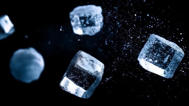 Transparent ice cubes floating against a dark black background