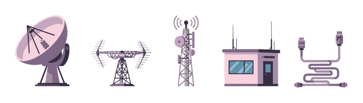 Set of telecommunication technology flat icons including a satellite dish, antenna, cell tower, station, and cables for data transmission and broadcasting concepts