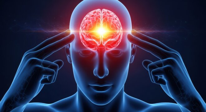 A digital illustration of a human head with glowing red brain and hands on temples