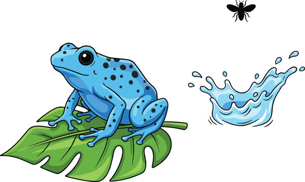 Blue Poison Dart Frog Vector Illustration with Black Spots Sitting on Green Tropical Leaf Water Splash and Fly Insect Icons