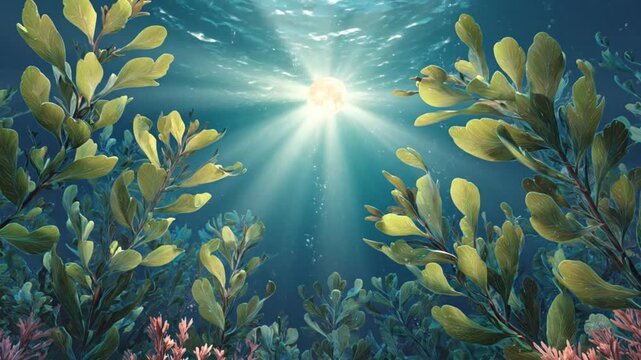 Sunlit underwater kelp forest with golden light rays piercing clear blue ocean depths and abundant marine plants.