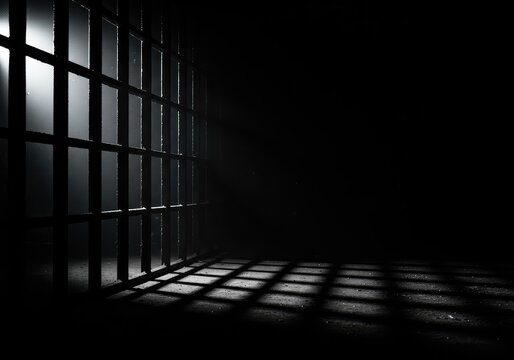Heavy metal bars cast deep shadows in a confined, oppressive space, suggesting entrapment and foreboding secrecy ,monochromatic ,bars ,texture