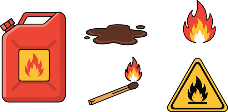 Flammable Liquid Hazard Vector Illustration Set with Red Fuel Jerry Can Burning Match Fire Flame and Warning Triangle Sign