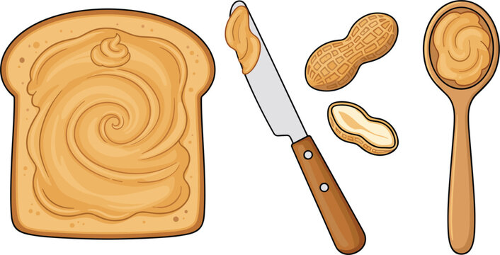 Peanut Butter Toast Vector Illustration Set with Creamy Spread on Bread Slice Peanuts Wooden Spoon and Butter Knife Icons