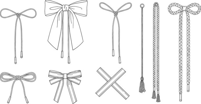 Technical vector line art set of drawstring cords ribbon bows and braided ties for fashion apparel design