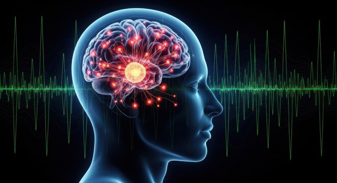 A blue human head with a glowing red and yellow brain on black background with green lines