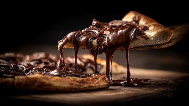 Chocolate pizza shot in motion as slice is lifted, gooey chocolate stretch, dramatic lighting