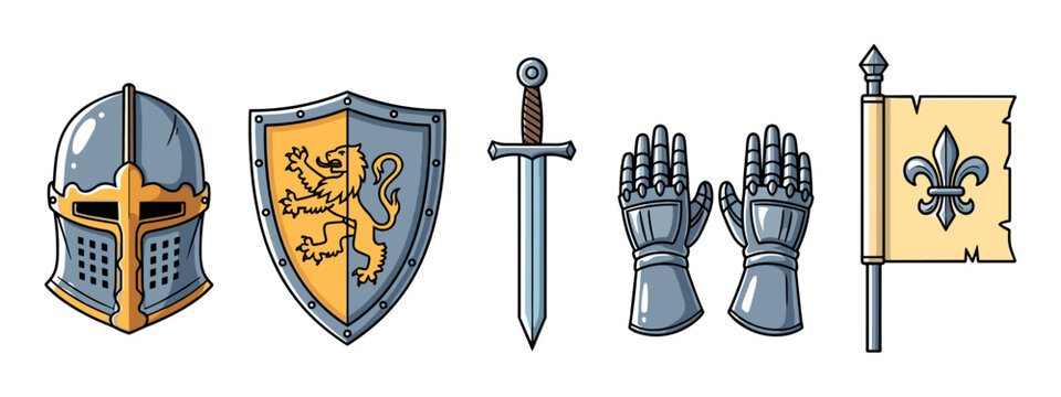 Set of medieval knight armor and weapons including a helmet, shield with a lion, sword, gauntlets, and flag with a fleur-de-lis in a cartoon illustration style