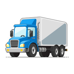 Blue semi-trailer truck with white cargo box on a white background, side view