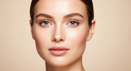 Obraz premium A close-up of a woman's face with clear skin, wearing a light-colored top, against a neutral background.