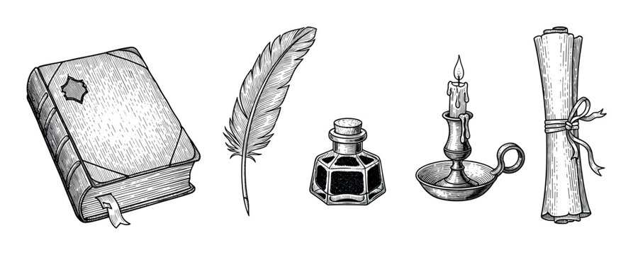 Vintage writing and knowledge symbols including a book, feather pen, inkwell, candle, and parchment scroll, drawn in a classic black and white woodcut illustration style