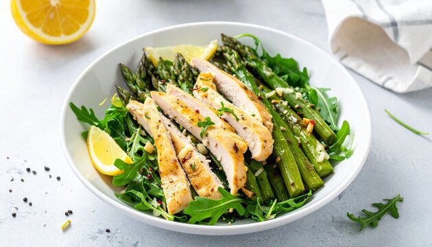 Putenstreifen auf Spargel-Rucola-Salat