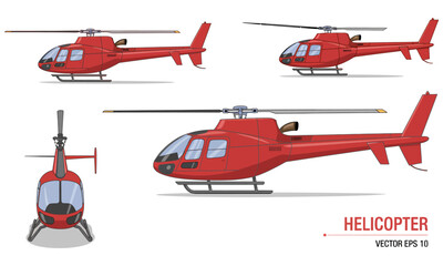 red helicopter in four different views on white background  side front and top perspectives