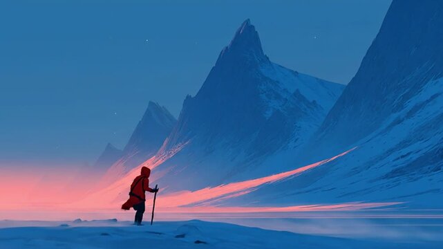 Lone explorer in a vast, cold winter mountain landscape at dawn, with a dramatic red and orange glow on the distant horizon.